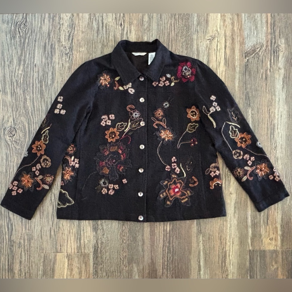 VTG Laura Ashley Black Embroidered Beaded Floral Button Front Jacket Blazer Lg